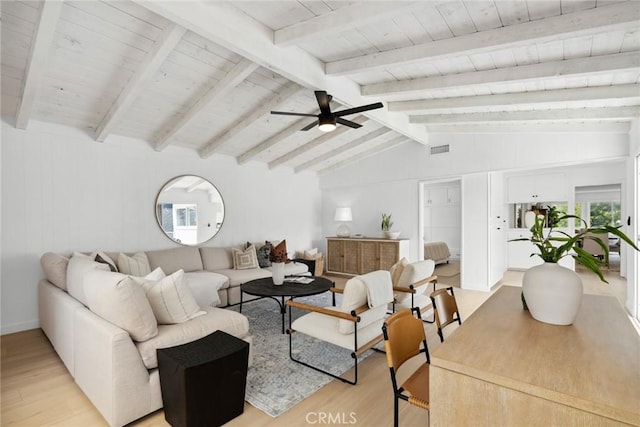 living area with wood ceiling, a ceiling fan, vaulted ceiling with beams, and light wood-style flooring
