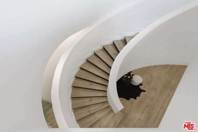 staircase with wood-type flooring