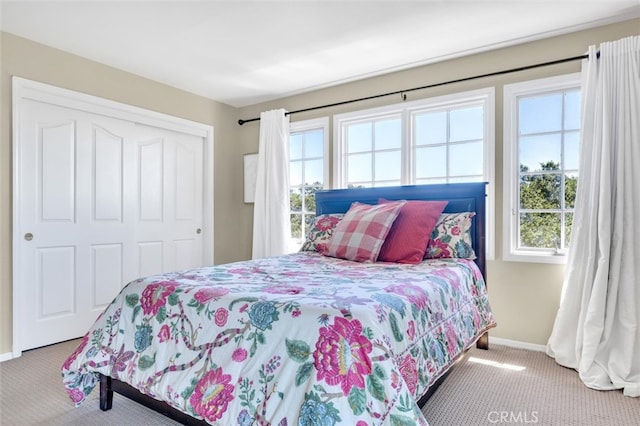 carpeted bedroom featuring a closet and multiple windows