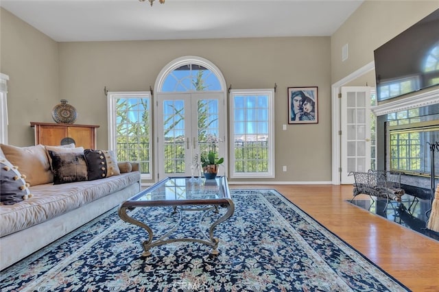 living room featuring french doors and light wood-type flooring