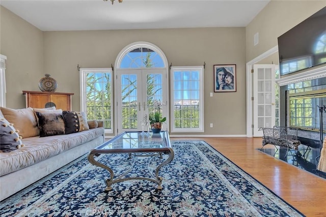 1385 Corberosa Dr, Arroyo Grande, CA 93420 - living room featuring french doors, wood finished floors, baseboards, and a wealth of natural light