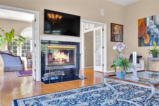 1385 Corberosa Dr, Arroyo Grande, CA 93420 - living area with wood finished floors, baseboards, and a multi sided fireplace