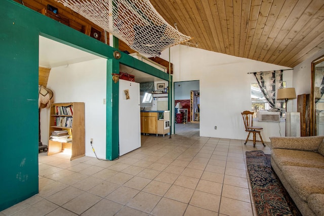 living room featuring light tile patterned flooring, wood ceiling, and high vaulted ceiling