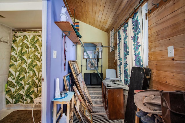 interior space with wooden ceiling and vaulted ceiling