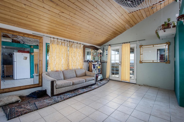 unfurnished living room featuring wooden ceiling, light tile patterned flooring, and vaulted ceiling