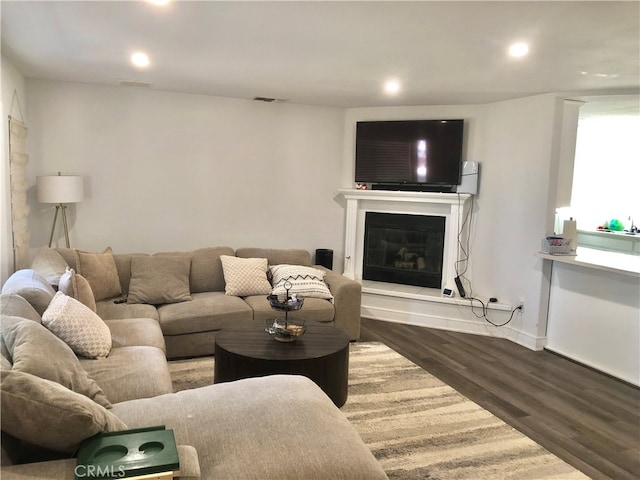 living room with dark wood-type flooring