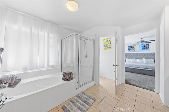 bathroom with ceiling fan, tile patterned flooring, and shower with separate bathtub