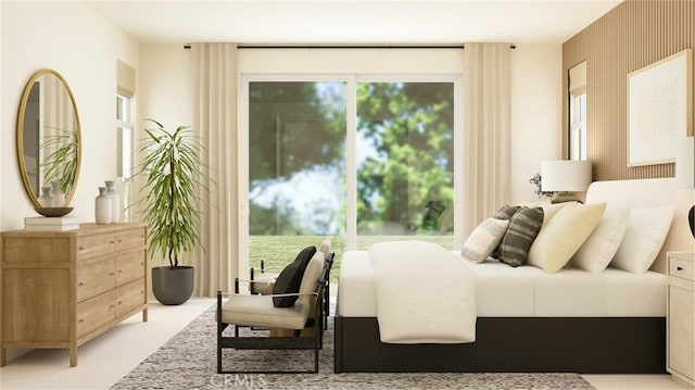 bedroom featuring light carpet