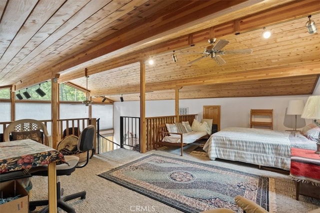 carpeted bedroom featuring ceiling fan, wood ceiling, vaulted ceiling, and rail lighting