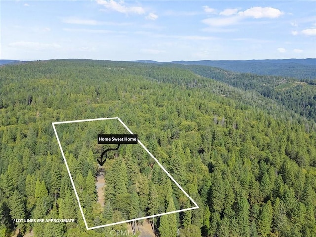 bird's eye view featuring a wooded view