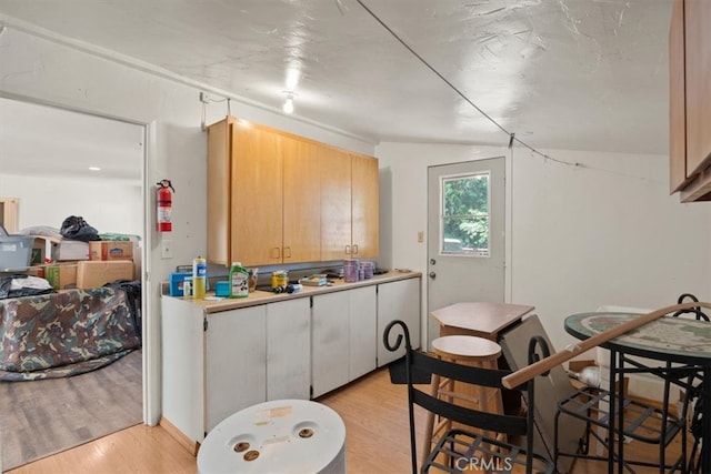 kitchen with lofted ceiling and light hardwood / wood-style floors