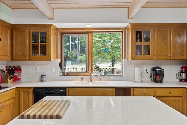 kitchen featuring decorative backsplash, sink, wooden ceiling, beam ceiling, and dishwasher