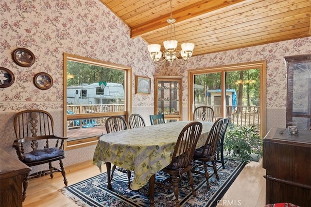 dining room with lofted ceiling, a notable chandelier, wood ceiling, and light hardwood / wood-style floors