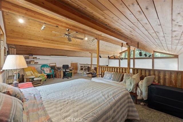 carpeted bedroom with wood ceiling and vaulted ceiling