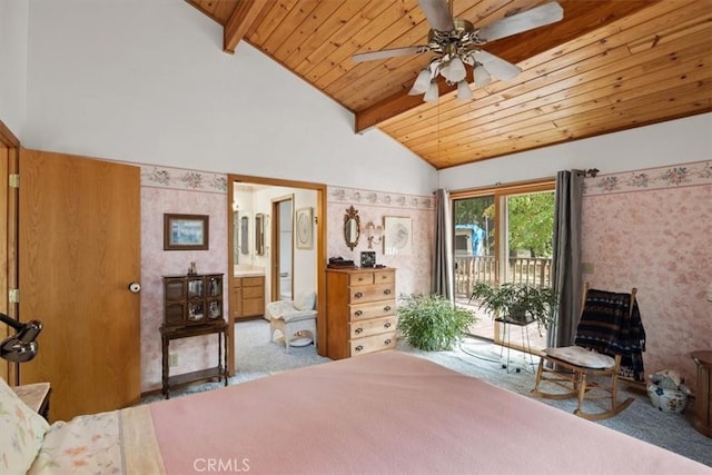 bedroom featuring wood ceiling, carpet floors, vaulted ceiling with beams, and access to exterior