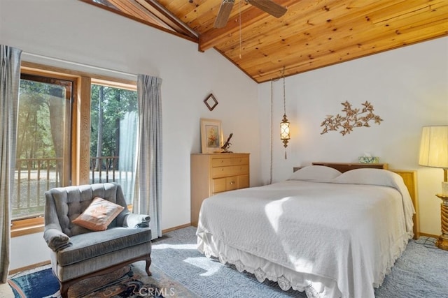 bedroom featuring carpet floors, wood ceiling, lofted ceiling with beams, and ceiling fan