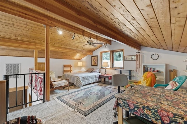 bedroom featuring lofted ceiling with beams, ceiling fan, and wooden ceiling