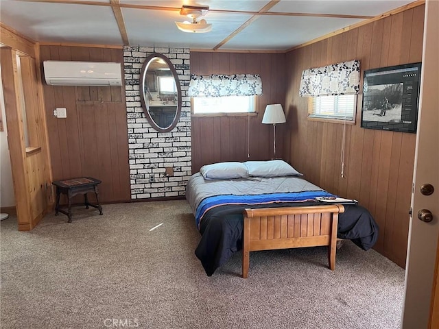 carpeted bedroom featuring wood walls and a wall mounted air conditioner