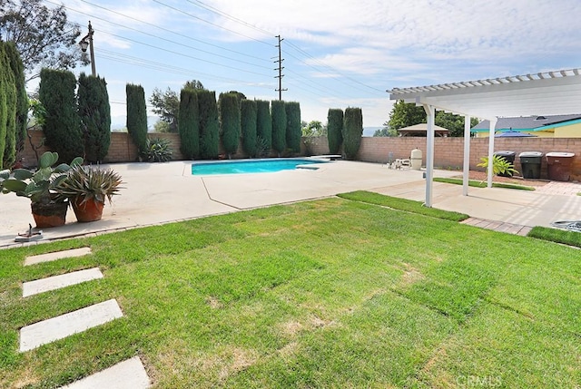 view of pool featuring a lawn, a diving board, a pergola, and a patio