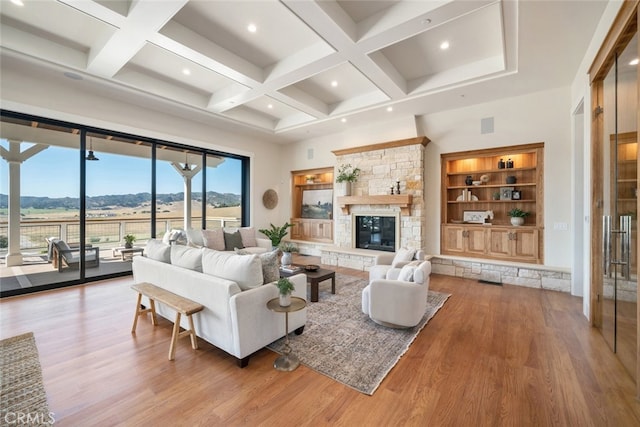 living room with a mountain view, a fireplace, and light hardwood / wood-style floors