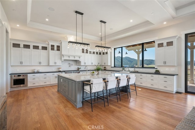 kitchen featuring stainless steel oven, a kitchen bar, a large island, and white cabinets