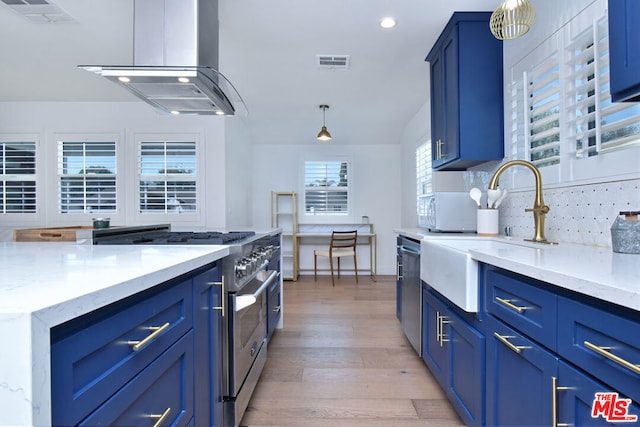 kitchen with hardwood / wood-style floors, sink, blue cabinetry, island range hood, and stainless steel appliances