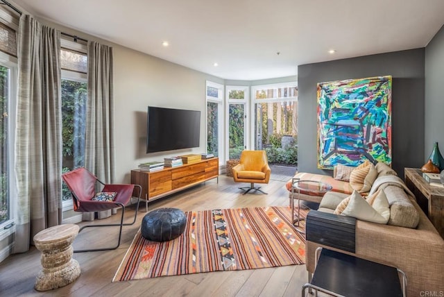 living room with light hardwood / wood-style flooring