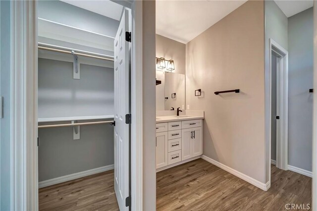 bathroom with vanity and hardwood / wood-style floors