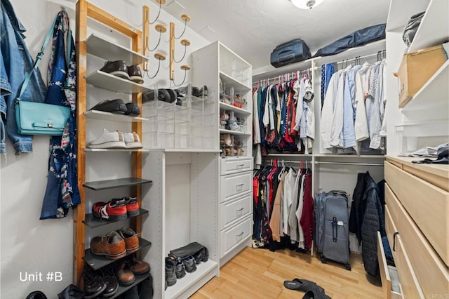 walk in closet featuring light wood-style flooring