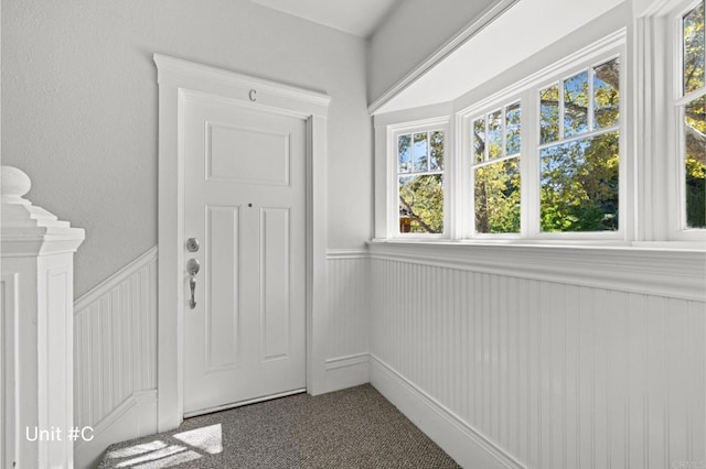 carpeted foyer entrance featuring a wainscoted wall