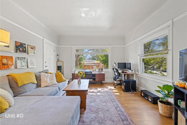 living area with baseboards and wood finished floors