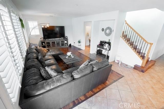 living room featuring light tile patterned flooring