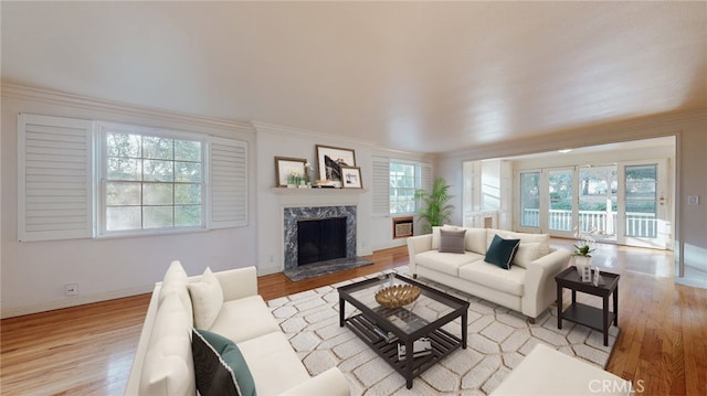 living room featuring a wealth of natural light and light hardwood / wood-style flooring