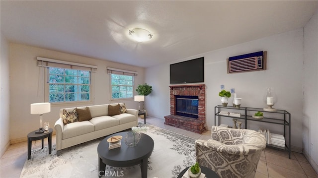 living room featuring a fireplace and light tile patterned floors