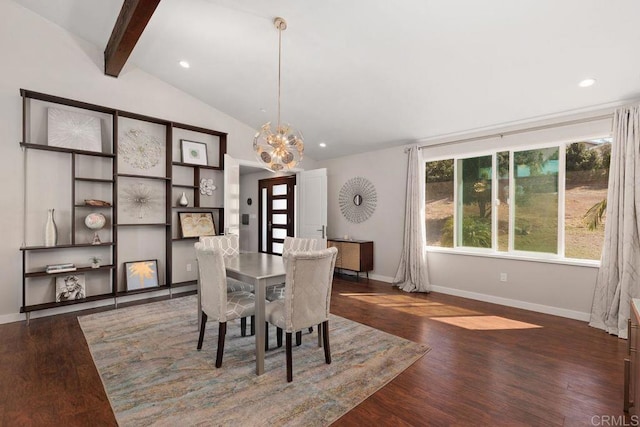 dining space featuring dark hardwood / wood-style flooring, vaulted ceiling with beams, and a notable chandelier