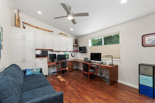 home office featuring ceiling fan, dark hardwood / wood-style floors, and vaulted ceiling