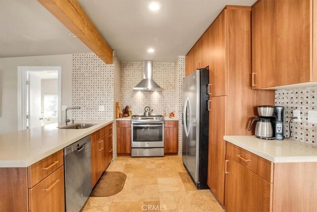 kitchen with beam ceiling, sink, stainless steel appliances, wall chimney range hood, and tasteful backsplash