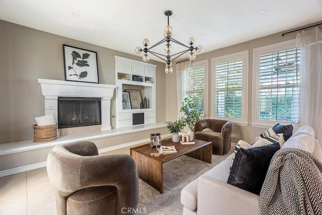 tiled living room with an inviting chandelier