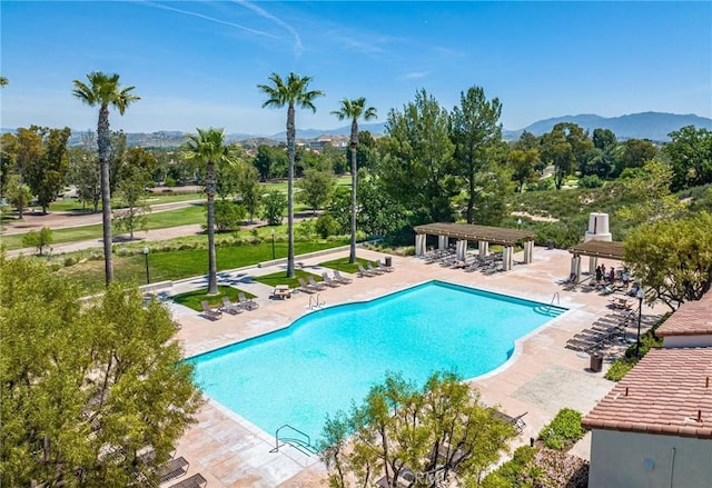 view of swimming pool featuring a pergola, a mountain view, and a patio