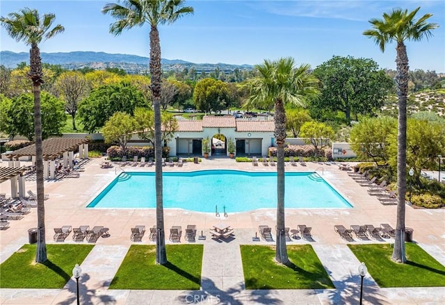 view of swimming pool featuring a pergola, a patio area, and a mountain view