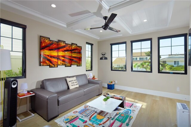 living room with light hardwood / wood-style flooring, beamed ceiling, coffered ceiling, and crown molding