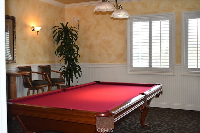 recreation room featuring ornamental molding and billiards