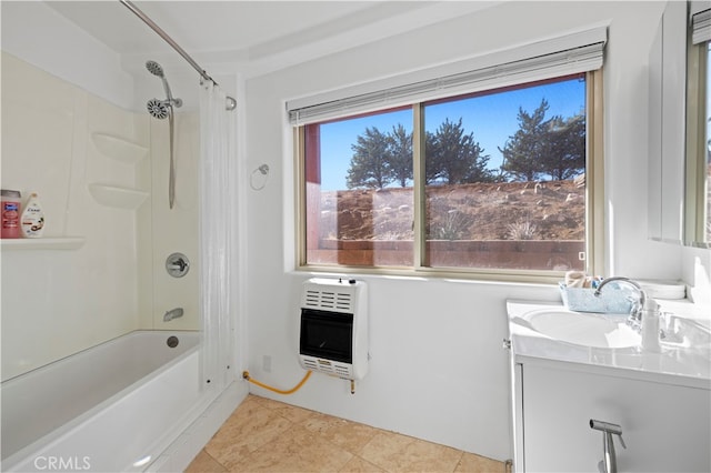 bathroom featuring tile patterned flooring, heating unit, shower / bathtub combination with curtain, and vanity