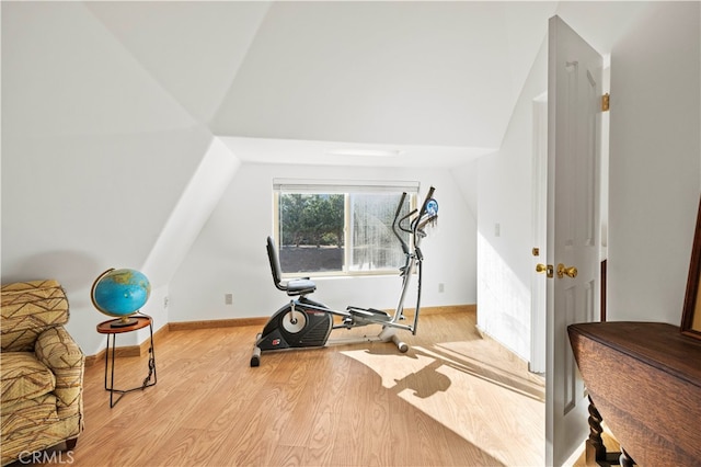 exercise room with light hardwood / wood-style floors and vaulted ceiling