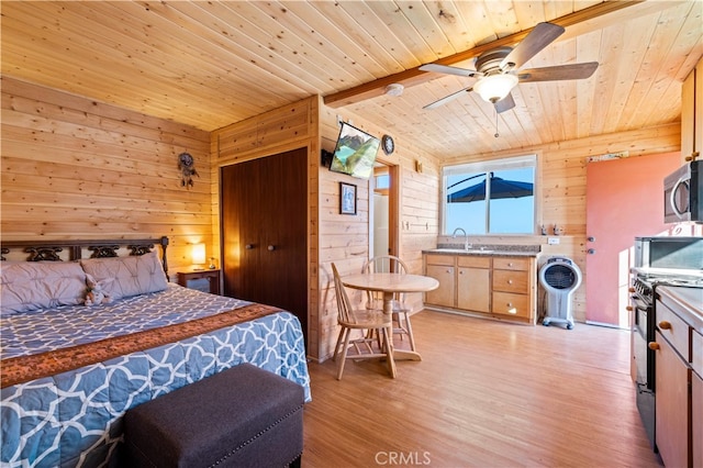 bedroom featuring ceiling fan, beam ceiling, wooden walls, wooden ceiling, and light hardwood / wood-style floors