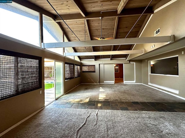 spare room featuring high vaulted ceiling, beam ceiling, and wood ceiling