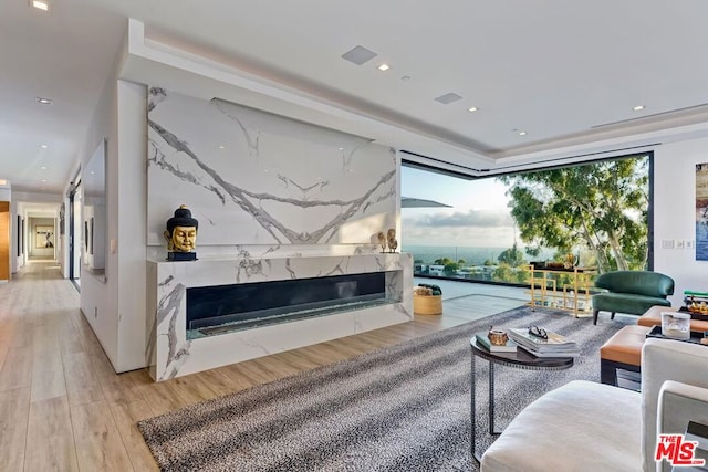 living room with light wood-type flooring and a fireplace