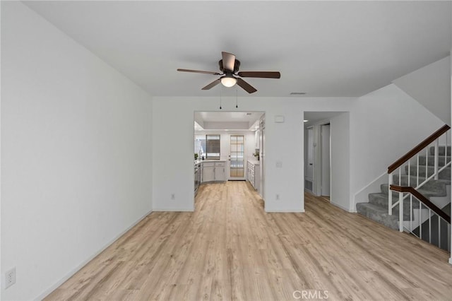 unfurnished living room with light hardwood / wood-style flooring and ceiling fan