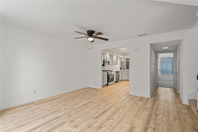 unfurnished living room with ceiling fan and light wood-type flooring