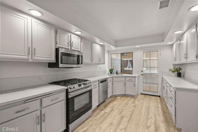 kitchen with sink, white cabinets, light hardwood / wood-style floors, a tray ceiling, and stainless steel appliances